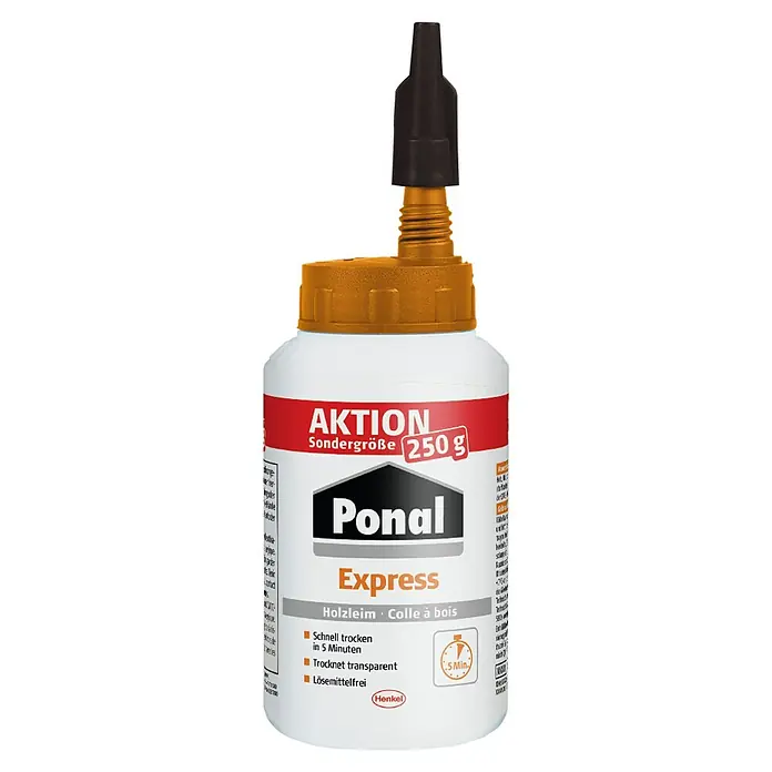 Ponal Holzleim Express - 250 g, Lösemittelfrei - Eine Flasche Ponal Express Holzleim in Sondergröße mit 250g Inhalt. Schnell trocknend und lösemittelfrei für Holzverbindungen.