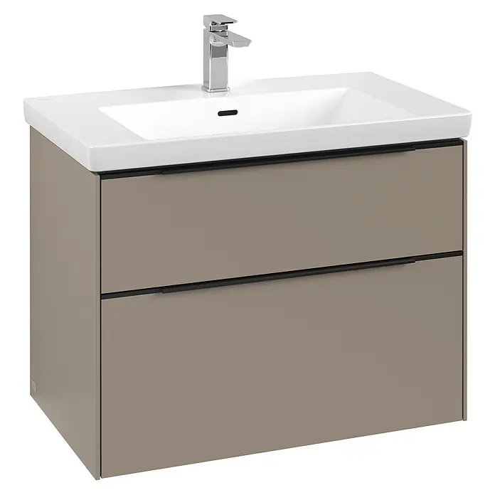 Villeroy & Boch Subway 3.0 Waschbeckenunterschrank - Taupe, Anzahl Schubladen: 2 Stk., Farbe Griff: Volcano Black, B x T x H: 77,2 x 47,8 x 57,6 cm, Mit Beleuchtung - Ein Waschbeckenunterschrank in Taupe mit zwei Schubladen und einem weißen Waschbecken mit Armatur.