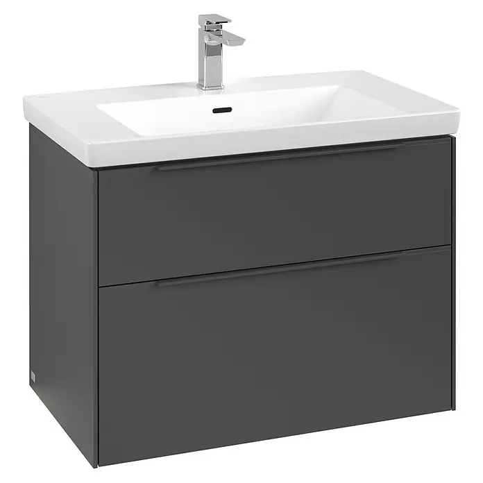 Villeroy & Boch Subway 3.0 Waschbeckenunterschrank - Graphite, Anzahl Schubladen: 2 Stk., Farbe Griff: Monochrom, B x T x H: 77,2 x 47,8 x 57,6 cm, Mit Beleuchtung - Schickes Waschbecken mit Unterschrank in Grau. Modernes Design für Ihr Badezimmer. Viel Stauraum durch die Schubladen.