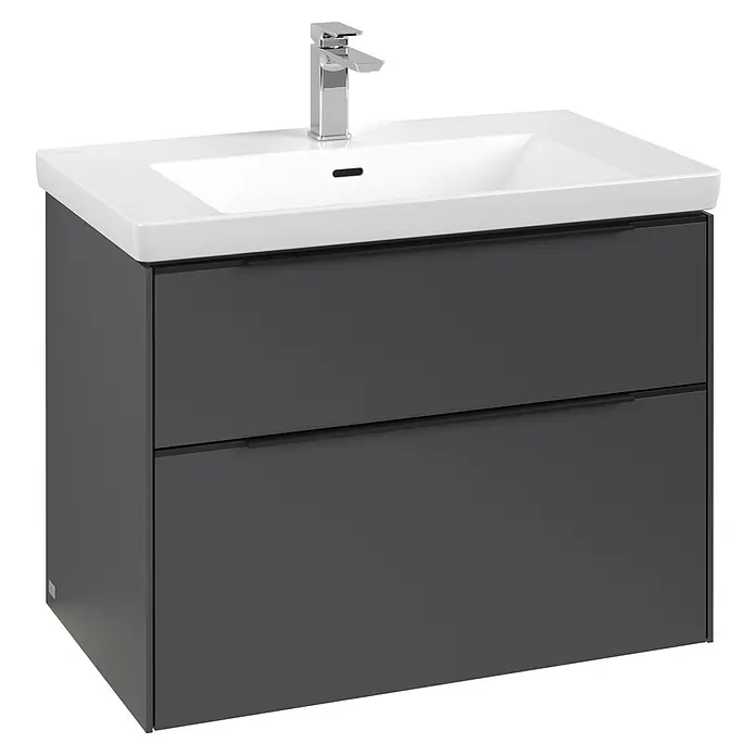 Villeroy & Boch Subway 3.0 Waschbeckenunterschrank - Graphite, Anzahl Schubladen: 2 Stk., Farbe Griff: Volcano Black, B x T x H: 77,2 x 47,8 x 57,6 cm, Mit Beleuchtung - Modernes graues Waschbecken mit zwei Schubladen und weißem Aufsatzwaschbecken mit Armatur und Handtuchhalter.