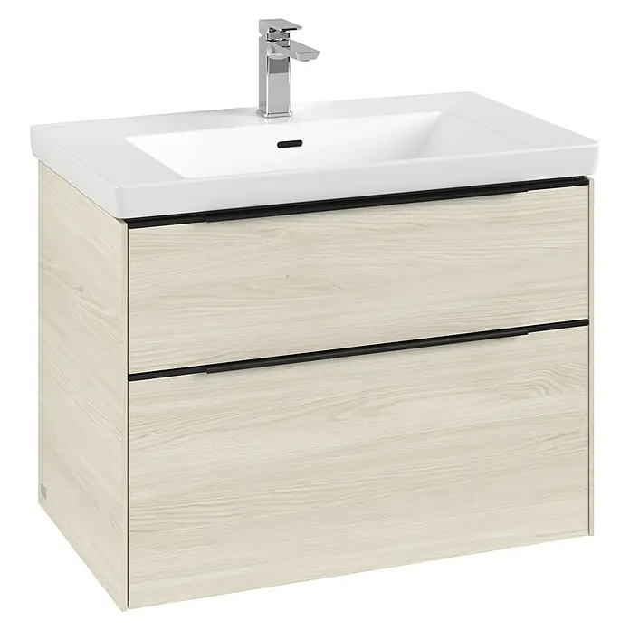 Villeroy & Boch Subway 3.0 Waschbeckenunterschrank - White Oak, Anzahl Schubladen: 2 Stk., Farbe Griff: Volcano Black, B x T x H: 77,2 x 47,8 x 57,6 cm, Mit Beleuchtung - Elegantes Badezimmer-Waschbeckenunterschrank mit zwei Schubladen in hellem Holzdekor und modernem Design. Der Waschtisch ist mit einer Armatur ausgestattet.