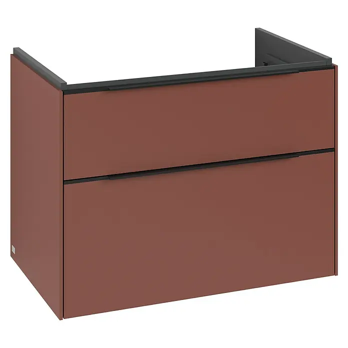 Villeroy & Boch Subway 3.0 Waschbeckenunterschrank - Wine Red, Anzahl Schubladen: 2 Stk., Farbe Griff: Volcano Black, B x T x H: 77,2 x 47,8 x 57,6 cm, Mit Beleuchtung - Ein moderner, kastanienbrauner Waschtischunterschrank mit zwei Schubladen und schwarzen Griffen.