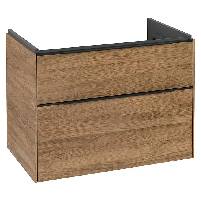 Villeroy & Boch Subway 3.0 Waschbeckenunterschrank - Kansas Oak, Anzahl Schubladen: 2 Stk., Farbe Griff: Volcano Black, B x T x H: 77,2 x 47,8 x 57,6 cm, Mit Beleuchtung - Ein moderner Badunterschrank in Holzoptik mit zwei Schubladen und einem schlichten, grauen Rahmen. Ideal für jedes Badezimmer.