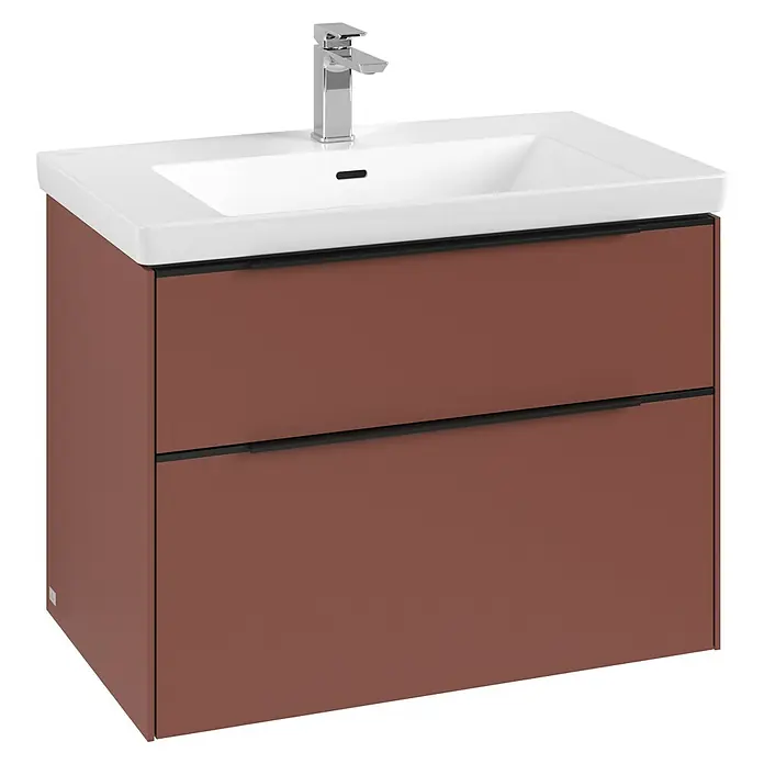 Villeroy & Boch Subway 3.0 Waschbeckenunterschrank - Wine Red, Anzahl Schubladen: 2 Stk., Farbe Griff: Volcano Black, B x T x H: 77,2 x 47,8 x 57,6 cm, Mit Beleuchtung - Moderne braune Waschtischkombination mit weißem Aufsatzwaschbecken und minimalistischer Armatur für ein stilvolles Badezimmer.