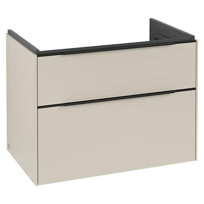Villeroy & Boch Subway 3.0 Waschbeckenunterschrank - Cashmere Grey, Anzahl Schubladen: 2 Stk., Farbe Griff: Volcano Black, B x T x H: 77,2 x 47,8 x 57,6 cm, Mit Beleuchtung - Bild eines modernen Badezimmerschranks mit zwei Schubladen, elegantem Design und minimalistischen Griffen, ideal für ein stilvolles Bad.