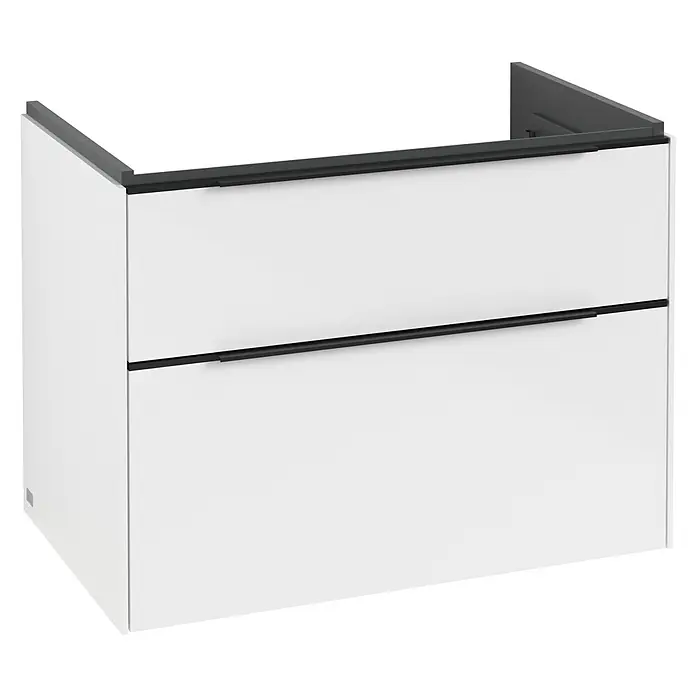 Villeroy & Boch Subway 3.0 Waschbeckenunterschrank - Brilliant White, Anzahl Schubladen: 2 Stk., Farbe Griff: Volcano Black, B x T x H: 77,2 x 47,8 x 57,6 cm, Mit Beleuchtung - Ein weißer Unterschrank mit zwei Schubladen und einem schwarzen Griff, ideal für jedes Badezimmer, bietet Stauraum und modernes Design.