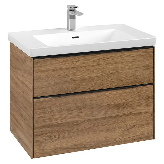 Villeroy & Boch Subway 3.0 Waschbeckenunterschrank - Kansas Oak, Anzahl Schubladen: 2 Stk., Farbe Griff: Volcano Black, B x T x H: 77,2 x 47,8 x 57,6 cm, Mit Beleuchtung - Ein moderner Waschtischunterschrank mit zwei Schubladen in Holzoptik und einem weißen Aufsatzwaschbecken mit Armatur.