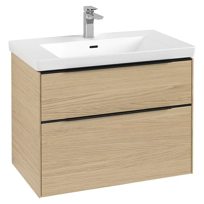 Villeroy & Boch Subway 3.0 Waschbeckenunterschrank - Nordik Oak, Anzahl Schubladen: 2 Stk., Farbe Griff: Volcano Black, B x T x H: 77,2 x 47,8 x 57,6 cm, Mit Beleuchtung - Ein moderner Waschtischunterschrank mit zwei Schubladen in Holzoptik und einem weißen Waschbecken mit Armatur. Elegantes Design für das Badezimmer.