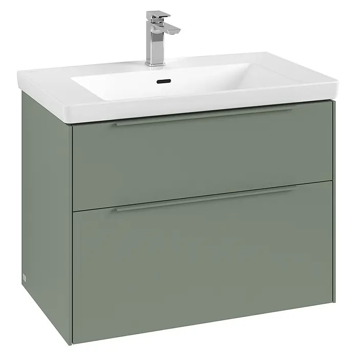 Villeroy & Boch Subway 3.0 Waschbeckenunterschrank - Soft Green, Anzahl Schubladen: 2 Stk., Farbe Griff: Monochrom, B x T x H: 77,2 x 47,8 x 57,6 cm, Mit Beleuchtung - Bild eines Waschtischunterschranks in Grün mit zwei Schubladen und einem weißen Waschbecken mit Armatur.