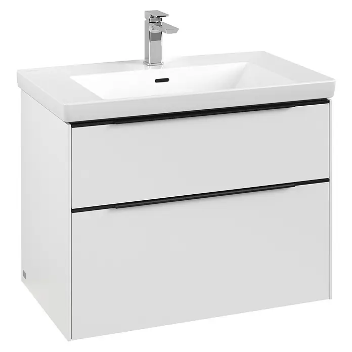Villeroy & Boch Subway 3.0 Waschbeckenunterschrank - Pure White, Anzahl Schubladen: 2 Stk., Farbe Griff: Volcano Black, B x T x H: 77,2 x 47,8 x 57,6 cm, Mit Beleuchtung - Eleganter Waschtischunterschrank in Weiß mit schwarzen Griffen und modernem Design für das Badezimmer.