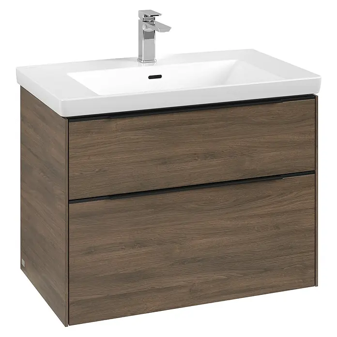 Villeroy & Boch Subway 3.0 Waschbeckenunterschrank - Arizona Oak, Anzahl Schubladen: 2 Stk., Farbe Griff: Volcano Black, B x T x H: 77,2 x 47,8 x 57,6 cm, Mit Beleuchtung - Das Bild zeigt einen modernen Waschtischunterschrank in Holzoptik mit einem weißen Aufsatzwaschbecken und einer Armatur.
