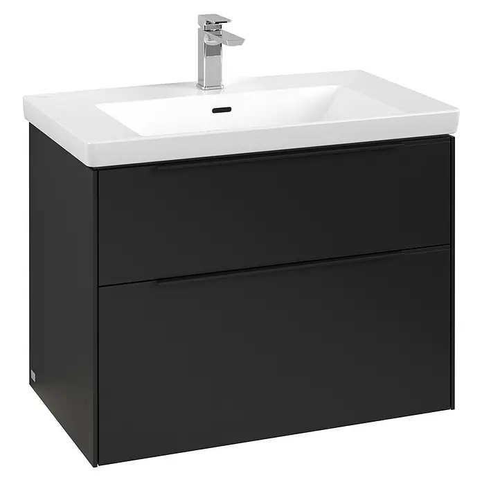 Villeroy & Boch Subway 3.0 Waschbeckenunterschrank - Volcano Black, Anzahl Schubladen: 2 Stk., Farbe Griff: Volcano Black, B x T x H: 77,2 x 47,8 x 57,6 cm, Mit Beleuchtung - Schwarz-weißer Waschtischunterschrank mit zwei Schubladen und einem modernen Wasserhahn für das Badezimmer.