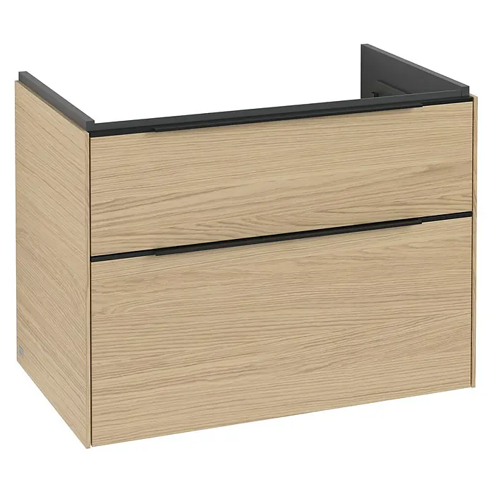 Villeroy & Boch Subway 3.0 Waschbeckenunterschrank - Nordik Oak, Anzahl Schubladen: 2 Stk., Farbe Griff: Volcano Black, B x T x H: 77,2 x 47,8 x 57,6 cm, Mit Beleuchtung - Ein moderner Waschtischunterschrank in Holzoptik mit zwei Schubladen und einer grauen Abdeckung. Ideal für jedes Badezimmer.
