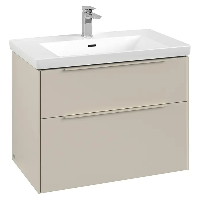 Villeroy & Boch Subway 3.0 Waschbeckenunterschrank - Cashmere Grey, Anzahl Schubladen: 2 Stk., Farbe Griff: Monochrom, B x T x H: 77,2 x 47,8 x 57,6 cm, Mit Beleuchtung - Ein moderner Badezimmerschrank mit Waschbecken und zwei Schubladen in Beige, ideal für jedes Badezimmerdesign.