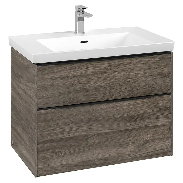 Villeroy & Boch Subway 3.0 Waschbeckenunterschrank - Stone Oak, Anzahl Schubladen: 2 Stk., Farbe Griff: Volcano Black, B x T x H: 77,2 x 47,8 x 57,6 cm, Mit Beleuchtung - Moderner Waschtischunterschrank mit zwei Schubladen und weißem Aufsatzwaschbecken. Die Holzoptik verleiht dem Badmöbel eine warme Ausstrahlung.