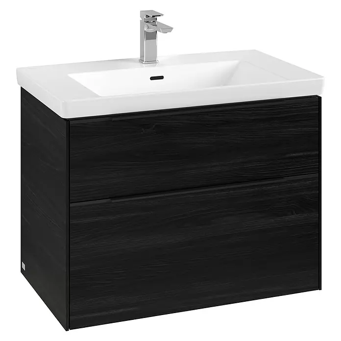 Villeroy & Boch Subway 3.0 Waschbeckenunterschrank - Black Oak, Anzahl Schubladen: 2 Stk., Farbe Griff: Volcano Black, B x T x H: 77,2 x 47,8 x 57,6 cm, Mit Beleuchtung - Elegantes Waschbeckenunterschrank-Set in dunkler Holzoptik mit modernem Wasserhahn und Becken für stilvolle Badezimmer.