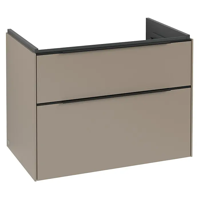 Villeroy & Boch Subway 3.0 Waschbeckenunterschrank - Taupe, Anzahl Schubladen: 2 Stk., Farbe Griff: Volcano Black, B x T x H: 77,2 x 47,8 x 57,6 cm, Mit Beleuchtung - Moderne Waschtischunterschrank mit zwei Schubladen in Taupe und dunklen Griffen für ein stilvolles Badezimmer.
