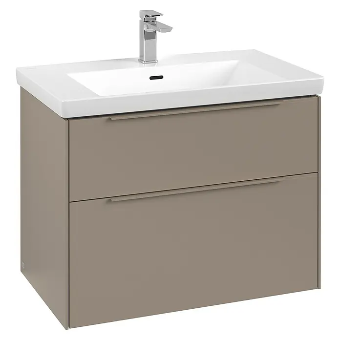Villeroy & Boch Subway 3.0 Waschbeckenunterschrank - Taupe, Anzahl Schubladen: 2 Stk., Farbe Griff: Monochrom, B x T x H: 77,2 x 47,8 x 57,6 cm, Mit Beleuchtung - Waschbeckenunterschrank mit zwei Schubladen und Armatur für das Badezimmer.