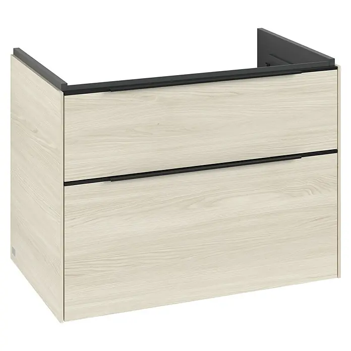 Villeroy & Boch Subway 3.0 Waschbeckenunterschrank - White Oak, Anzahl Schubladen: 2 Stk., Farbe Griff: Volcano Black, B x T x H: 77,2 x 47,8 x 57,6 cm, Mit Beleuchtung - Modernes, helles Badezimmer-Waschbeckenunterschrank mit zwei Schubladen und schwarzen Griffen für ein stilvolles Ambiente.