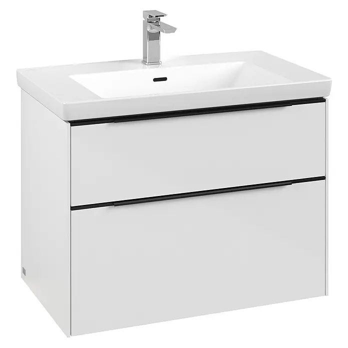 Villeroy & Boch Subway 3.0 Waschbeckenunterschrank - Brilliant White, Anzahl Schubladen: 2 Stk., Farbe Griff: Volcano Black, B x T x H: 77,2 x 47,8 x 57,6 cm, Mit Beleuchtung - Ein moderner weißer Waschtisch mit zwei Schubladen und einer Armatur. Elegantes Design für jedes Badezimmer.