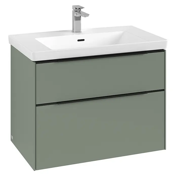 Villeroy & Boch Subway 3.0 Waschbeckenunterschrank - Soft Green, Anzahl Schubladen: 2 Stk., Farbe Griff: Volcano Black, B x T x H: 77,2 x 47,8 x 57,6 cm, Mit Beleuchtung - Moderner Waschtischunterschrank in Salbeigrün mit zwei Schubladen und einem eleganten, weißen Waschbecken.