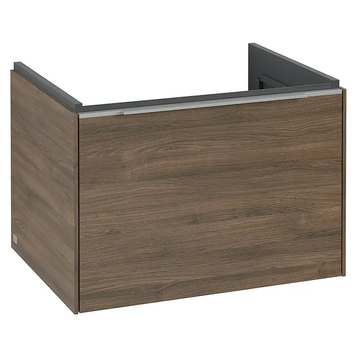 Villeroy & Boch Subway 3.0 Waschbeckenunterschrank - Arizona Oak, Anzahl Schubladen: 1 Stk., Farbe Griff: Aluminium glänzend, B x T x H: 62,2 x 47,8 x 42,9 cm - Detailaufnahme eines modernen Waschtischunterschranks in Holzoptik. Die schlichte Eleganz und die hochwertige Verarbeitung sind gut erkennbar.