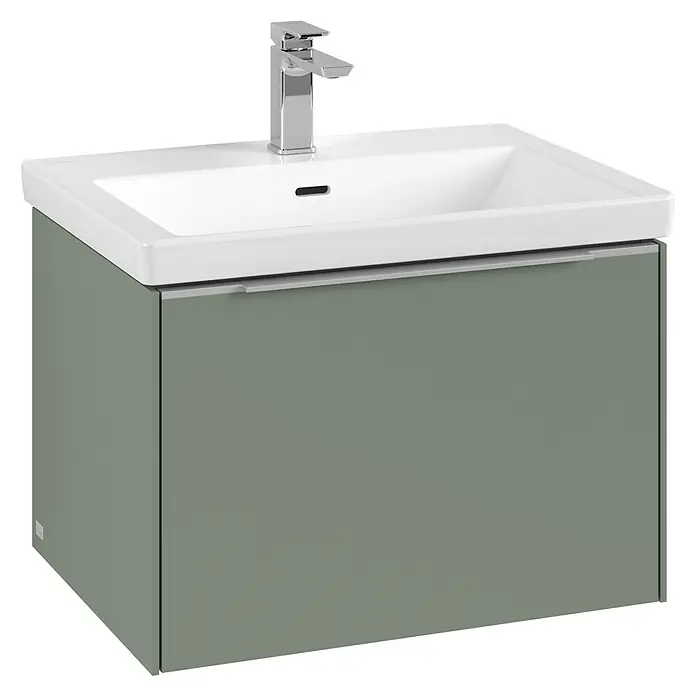 Villeroy & Boch Subway 3.0 Waschbeckenunterschrank - Soft Green, Anzahl Schubladen: 1 Stk., Farbe Griff: Aluminium glänzend, B x T x H: 62,2 x 47,8 x 42,9 cm - Moderne Waschtischkombination in Olivgrün mit einem Becken aus Sanitärkeramik und einer eleganten Armatur. Perfekt für ein stilvolles Badezimmer.