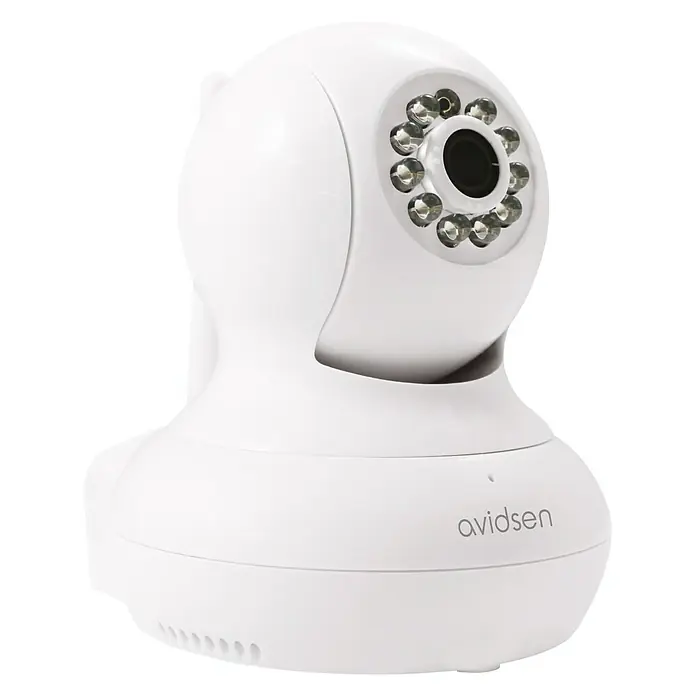 Avidsen Cámara de vigilancia 720P - Blanco, Ángulo de detección: 62,6 °, Alcance de detección: 10 m - Una cámara de seguridad interior Avidsen blanca con LEDs infrarrojos, presentada sobre un fondo blanco.