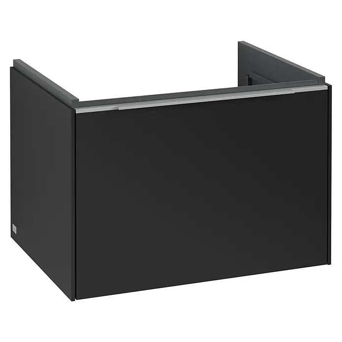 Villeroy & Boch Subway 3.0 Waschbeckenunterschrank - Volcano Black, Anzahl Schubladen: 1 Stk., Farbe Griff: Aluminium glänzend, B x T x H: 62,2 x 47,8 x 42,9 cm - Eine elegante schwarze Badezimmerkommode mit einem minimalistischen Design und einer modernen grauen Akzentleiste.