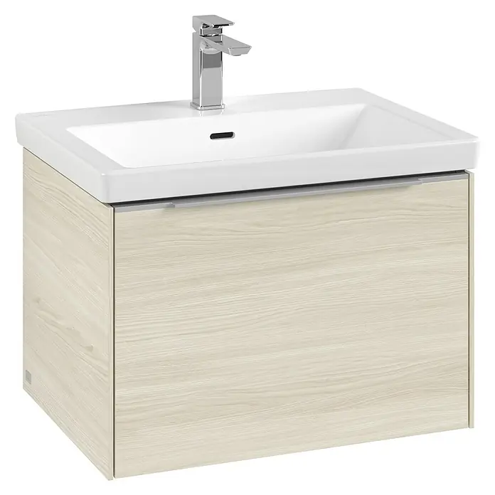 Villeroy & Boch Subway 3.0 Waschbeckenunterschrank - White Oak, Anzahl Schubladen: 1 Stk., Farbe Griff: Aluminium glänzend, B x T x H: 62,2 x 47,8 x 42,9 cm - Ein moderner Waschtisch mit einem Unterschrank in Holzoptik und einem Aufsatzwaschbecken mit Chromarmatur für ein stilvolles Badezimmer.