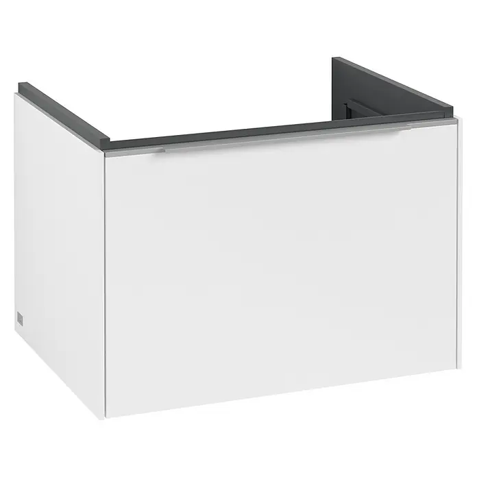 Villeroy & Boch Subway 3.0 Waschbeckenunterschrank - Pure White, Anzahl Schubladen: 1 Stk., Farbe Griff: Aluminium glänzend, B x T x H: 62,2 x 47,8 x 42,9 cm - Das Bild zeigt einen modernen, weißen Waschtischunterschrank mit einer grauen Abdeckung, ideal für ein stilvolles Badezimmer.