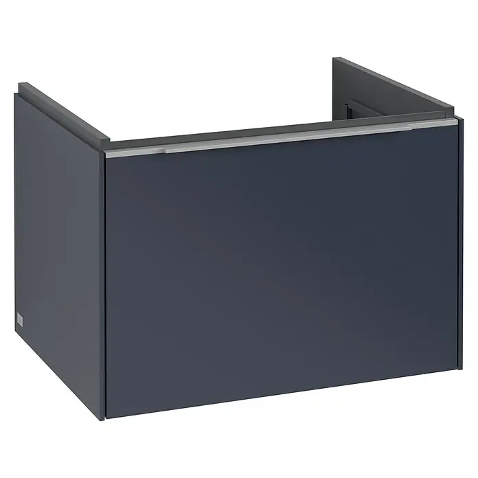 Villeroy & Boch Subway 3.0 Waschbeckenunterschrank - Marine Blue, Anzahl Schubladen: 1 Stk., Farbe Griff: Aluminium glänzend, B x T x H: 62,2 x 47,8 x 42,9 cm - Ein grauer Waschtischunterschrank mit einem silbernen Griff auf der Vorderseite, der für Badezimmer entworfen wurde.