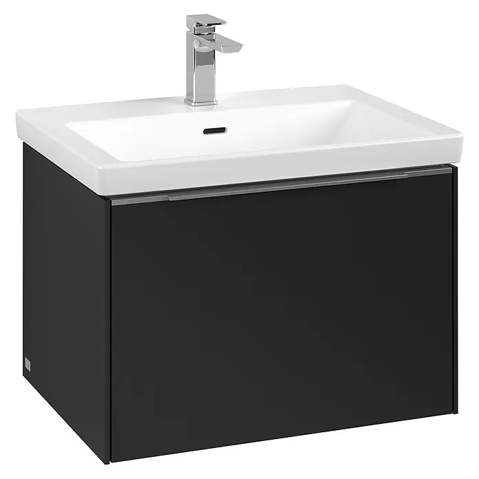 Villeroy & Boch Subway 3.0 Waschbeckenunterschrank - Volcano Black, Anzahl Schubladen: 1 Stk., Farbe Griff: Aluminium glänzend, B x T x H: 62,2 x 47,8 x 42,9 cm - Das Bild zeigt einen modernen Waschtisch mit einer schwarzen Unterschrank-Kombination und einem eleganten Waschbecken mit Armatur.