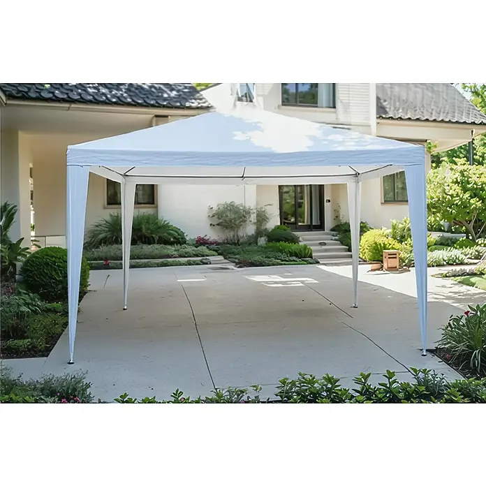 Sunfun Steckpavillon Sumba - B x T: 300 x 300 cm, Farbe Dach: Weiß - Ein weißes Partyzelt steht im Freien und bietet Schatten. Das Zelt ist perfekt für Gartenpartys und Veranstaltungen im Freien.