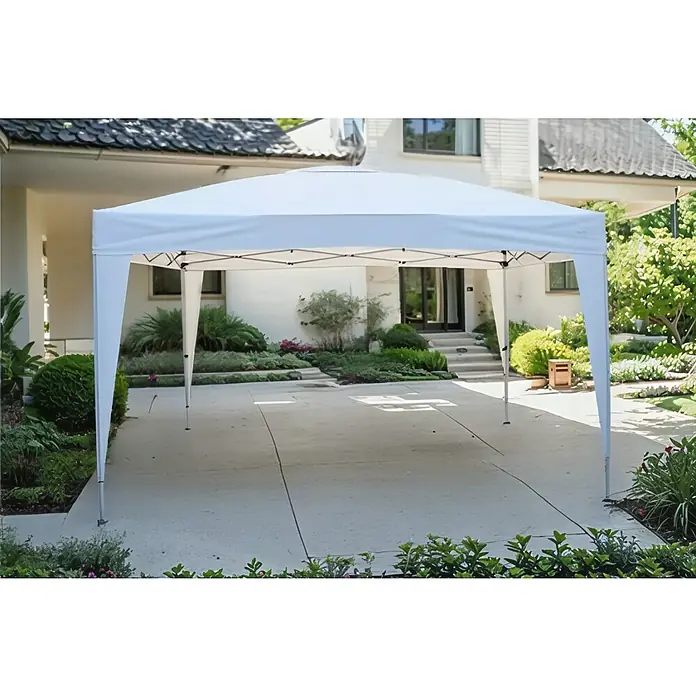 Sunfun Carpa plegable Easy Up - An x Pr: 300 x 300 cm, Blanco - Primer plano de una carpa plegable blanca al aire libre. La carpa proporciona protección contra el sol y la lluvia, ideal para eventos.