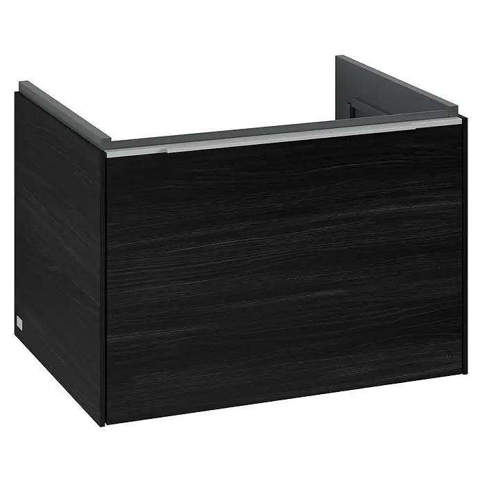 Villeroy & Boch Subway 3.0 Waschbeckenunterschrank - Black Oak, Anzahl Schubladen: 1 Stk., Farbe Griff: Aluminium glänzend, B x T x H: 62,2 x 47,8 x 42,9 cm - Ein eleganter, dunkler Waschtischunterschrank mit Holzstruktur und schlichtem Design, ideal für moderne Badezimmer.