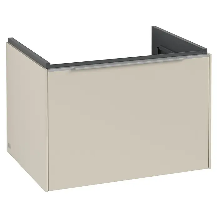 Villeroy & Boch Subway 3.0 Waschbeckenunterschrank - Cashmere Grey, Anzahl Schubladen: 1 Stk., Farbe Griff: Aluminium glänzend, B x T x H: 62,2 x 47,8 x 42,9 cm - Nahaufnahme einer modernen Waschtischkonsole in Beige mit grauem Rahmen und Griffleiste. Elegantes Design für ein stilvolles Badezimmer.