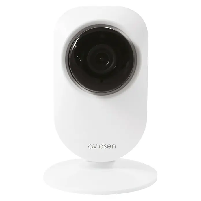 Avidsen Cámara de vigilancia IPC380 -  - Primer plano de una cámara de seguridad Avidsen en blanco con base redonda y lente negra.