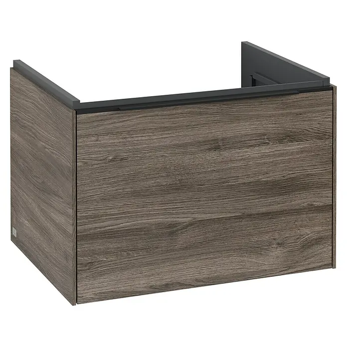 Villeroy & Boch Subway 3.0 Waschbeckenunterschrank - Stone Oak, Anzahl Schubladen: 1 Stk., Farbe Griff: Volcano Black, B x T x H: 62,2 x 47,8 x 42,9 cm - Detailaufnahme von einem Unterschrank aus Holz mit Schubladen und grauem Rahmen. Der Holzunterschrank ist modern gestaltet.