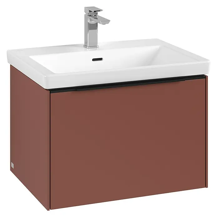 Villeroy & Boch Subway 3.0 Waschbeckenunterschrank - Wine Red, Anzahl Schubladen: 1 Stk., Farbe Griff: Volcano Black, B x T x H: 62,2 x 47,8 x 42,9 cm - Waschtischunterschrank mit Armatur und weißem Waschbecken, ideal für moderne Badezimmer. Praktisch und stilvoll.
