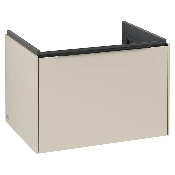 Villeroy & Boch Subway 3.0 Waschbeckenunterschrank - Cashmere Grey, Anzahl Schubladen: 1 Stk., Farbe Griff: Volcano Black, B x T x H: 62,2 x 47,8 x 42,9 cm - Ein Produktbild eines Vorwandelementes mit grauem Rahmen und beiger Verkleidung. Ideal für moderne Badgestaltung, mit präziser Verarbeitung.