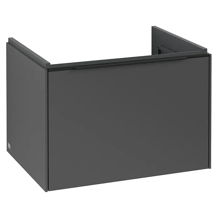 Villeroy & Boch Subway 3.0 Waschbeckenunterschrank - Graphite, Anzahl Schubladen: 1 Stk., Farbe Griff: Volcano Black, B x T x H: 62,2 x 47,8 x 42,9 cm - Detaillierte Ansicht eines modernen, grauen Waschtischunterschranks. Das Möbelstück ist schlicht und funktional gestaltet.