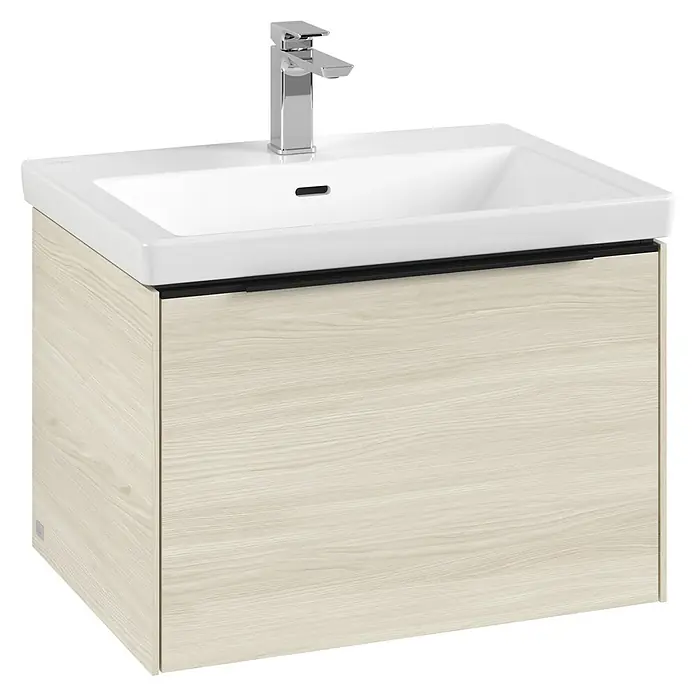 Villeroy & Boch Subway 3.0 Waschbeckenunterschrank - White Oak, Anzahl Schubladen: 1 Stk., Farbe Griff: Volcano Black, B x T x H: 62,2 x 47,8 x 42,9 cm - Ein Waschbeckenunterschrank mit einer hellen Holzfront und einem modernen Chromhahn. Perfekt für jedes Badezimmer.