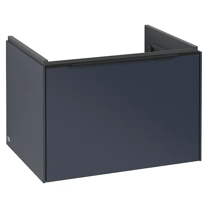 Villeroy & Boch Subway 3.0 Waschbeckenunterschrank - Marine Blue, Anzahl Schubladen: 1 Stk., Farbe Griff: Volcano Black, B x T x H: 62,2 x 47,8 x 42,9 cm - Das Bild zeigt einen modernen, grauen Unterschrank mit einer klaren, minimalistischen Designsprache. Er ist ideal für moderne Badezimmer.