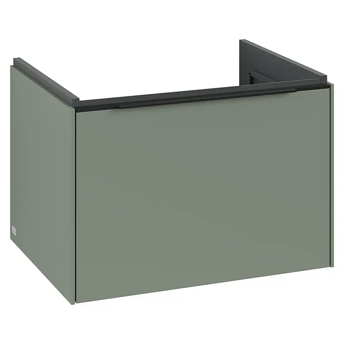 Villeroy & Boch Subway 3.0 Waschbeckenunterschrank - Soft Green, Anzahl Schubladen: 1 Stk., Farbe Griff: Volcano Black, B x T x H: 62,2 x 47,8 x 42,9 cm - Das Bild zeigt einen modernen, mintgrünen Waschtischunterschrank mit einer dunklen Abdeckung, der eine stilvolle Ergänzung für jedes Badezimmer darstellt.