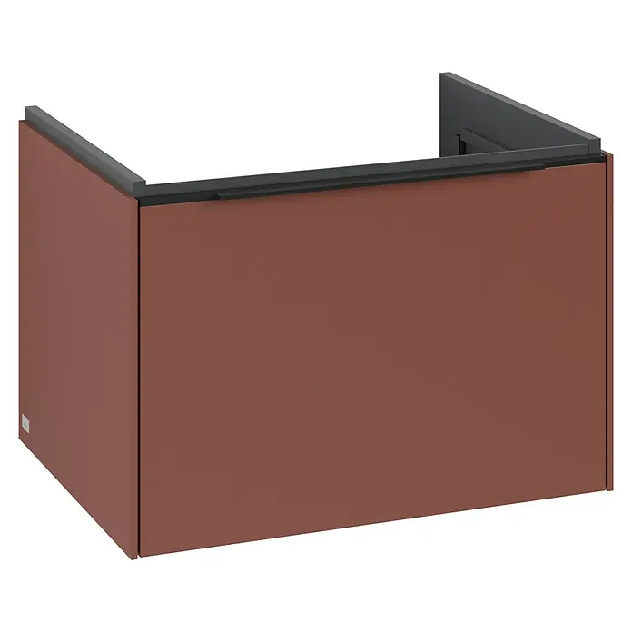 Villeroy & Boch Subway 3.0 Waschbeckenunterschrank - Wine Red, Anzahl Schubladen: 1 Stk., Farbe Griff: Volcano Black, B x T x H: 62,2 x 47,8 x 42,9 cm - Nahaufnahme eines modernen, kastenförmigen Waschtischunterschranks in Kupferbraun mit schwarzer Akzentuierung für ein stilvolles Badezimmer.