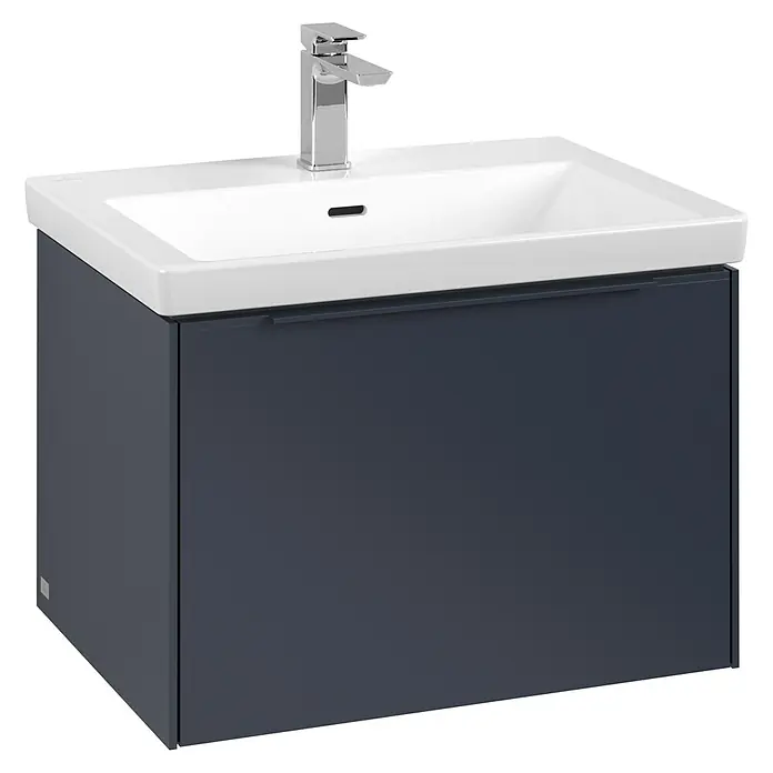 Villeroy & Boch Subway 3.0 Waschbeckenunterschrank - Marine Blue, Anzahl Schubladen: 1 Stk., Farbe Griff: Monochrom, B x T x H: 62,2 x 47,8 x 42,9 cm - Ein moderner, grauer Waschtischunterschrank mit einem eleganten, weißen Aufsatzwaschbecken und einer verchromten Armatur. Stilvolle Badmöbel für Ihr Badezimmer.