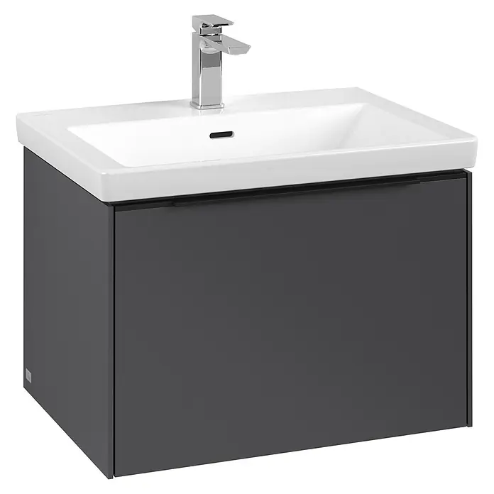 Villeroy & Boch Subway 3.0 Waschbeckenunterschrank - Graphite, Anzahl Schubladen: 1 Stk., Farbe Griff: Volcano Black, B x T x H: 62,2 x 47,8 x 42,9 cm - Moderner Waschtischunterschrank in Grau mit Aufsatzwaschbecken und Armatur für stilvolle Badezimmer.