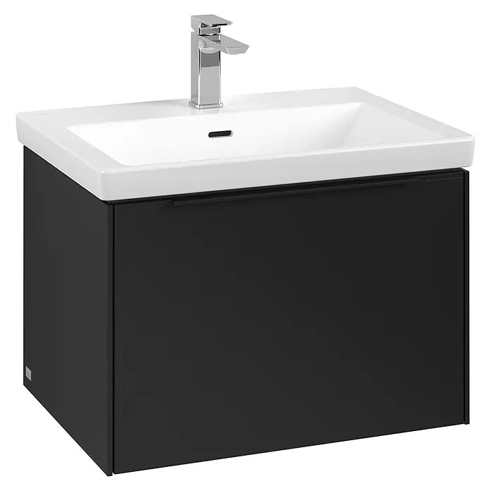 Villeroy & Boch Subway 3.0 Waschbeckenunterschrank - Volcano Black, Anzahl Schubladen: 1 Stk., Farbe Griff: Volcano Black, B x T x H: 62,2 x 47,8 x 42,9 cm - Bild einer modernen Waschtischkombination in Schwarz mit einem weißen Waschbecken und einer verchromten Armatur.