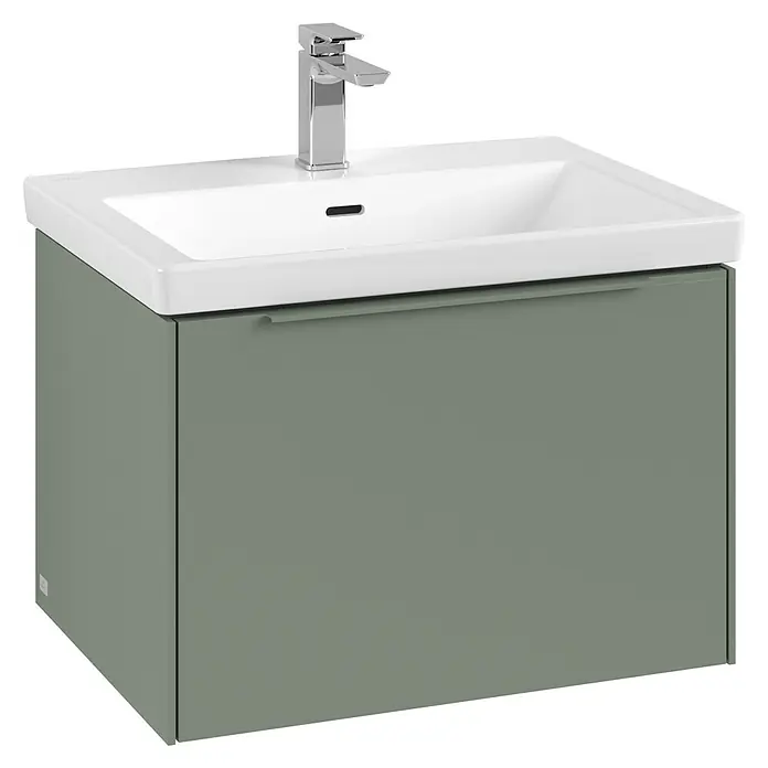 Villeroy & Boch Subway 3.0 Waschbeckenunterschrank - Soft Green, Anzahl Schubladen: 1 Stk., Farbe Griff: Monochrom, B x T x H: 62,2 x 47,8 x 42,9 cm - Bild eines modernen Waschtischs mit grauem Unterschrank und weißem Waschbecken mit Armatur.